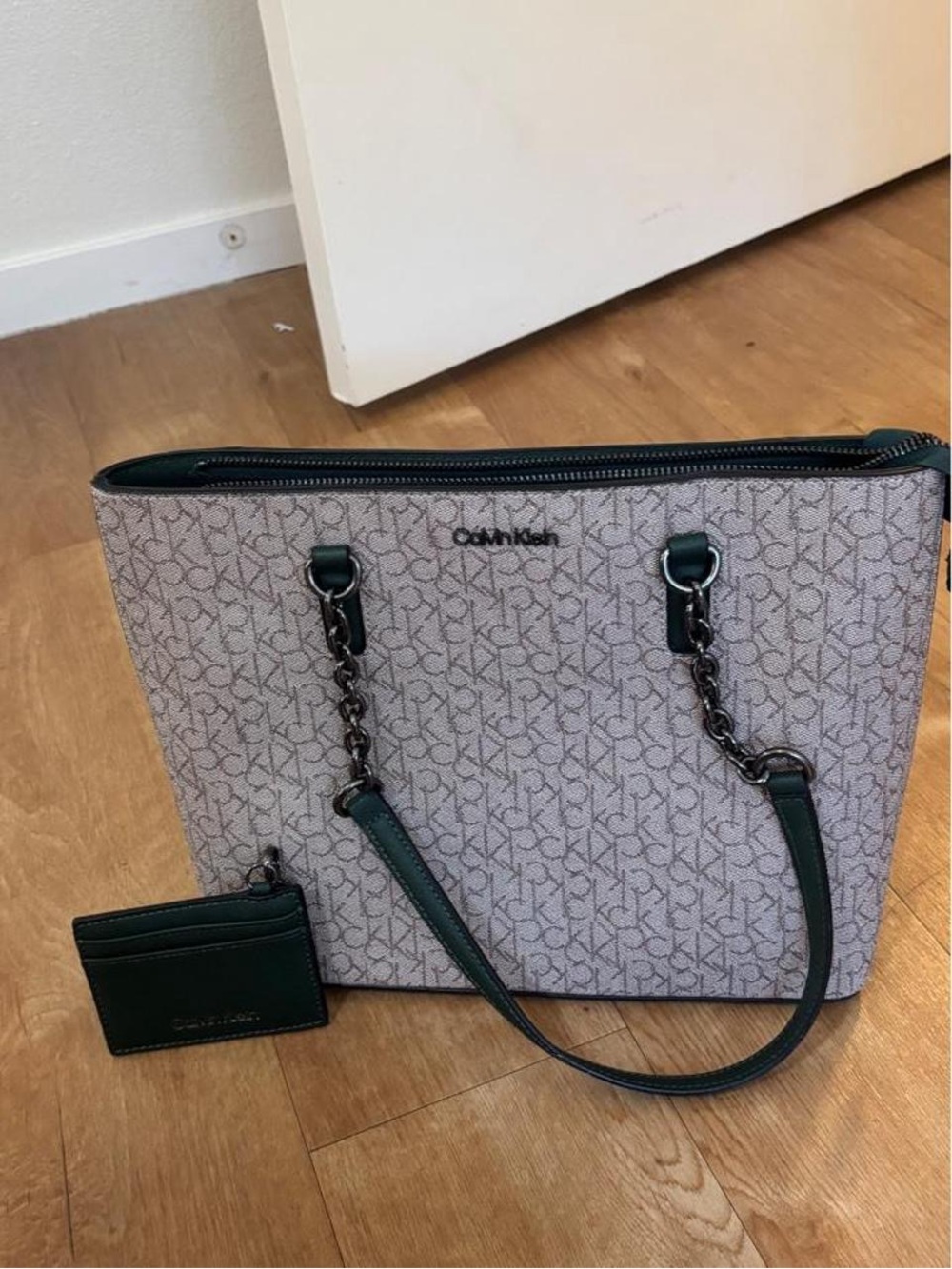 Calvin Klein Beige Tote with Dark Green Trim and Chain Handles